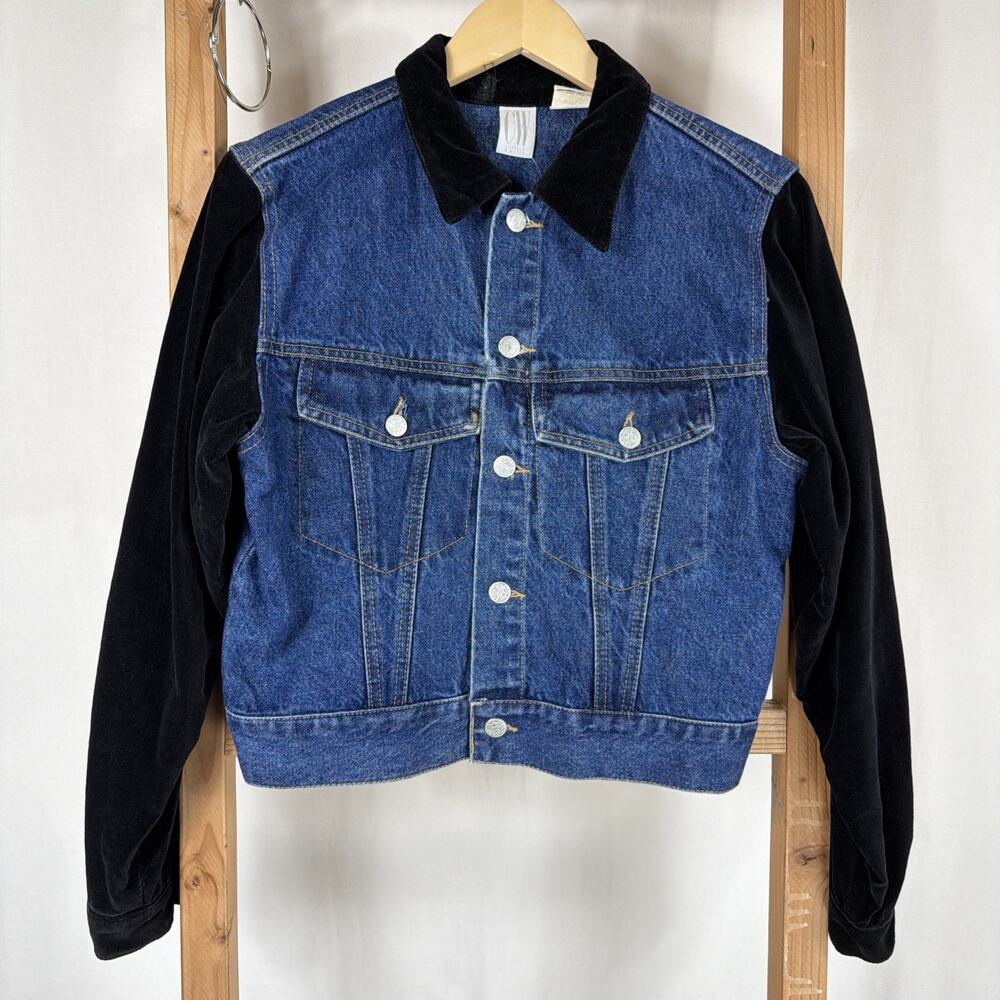 Vintage 90's Blue Denim Jean Jacket Black Velvet Sleeves #1244 Size SM